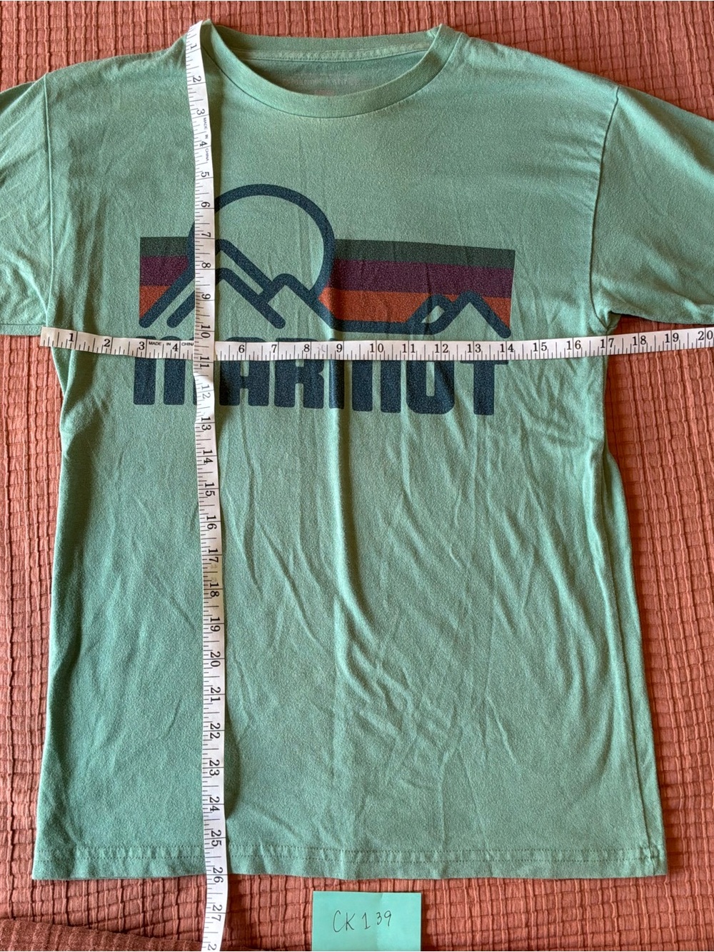 Marmot Mint Green Short Sleeve Logo Tee with Multicolor Mountain Graphic